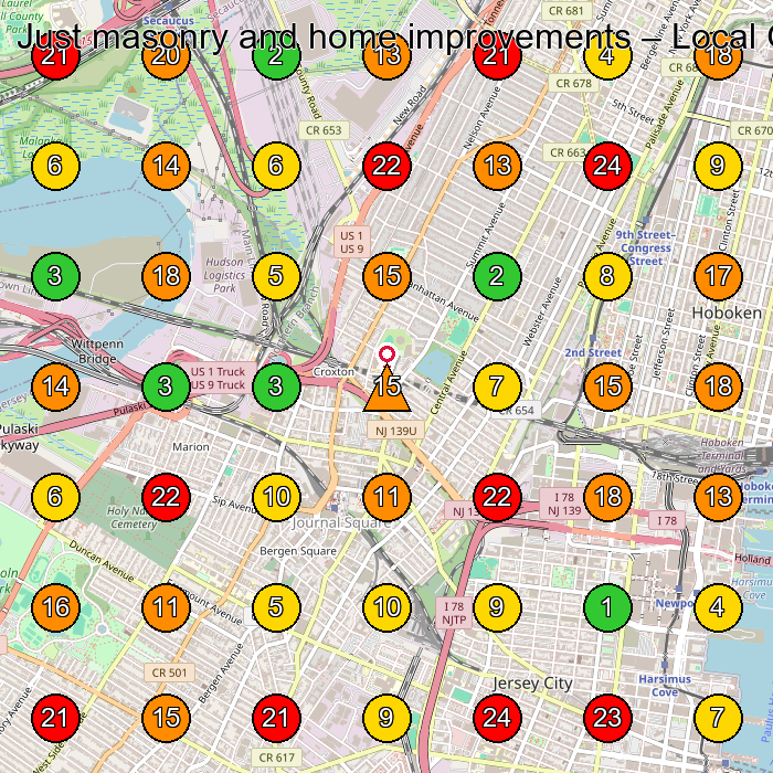 Just masonry and home improvements Masonry Contractor GeoGrid ranking map for Jersey City NJ